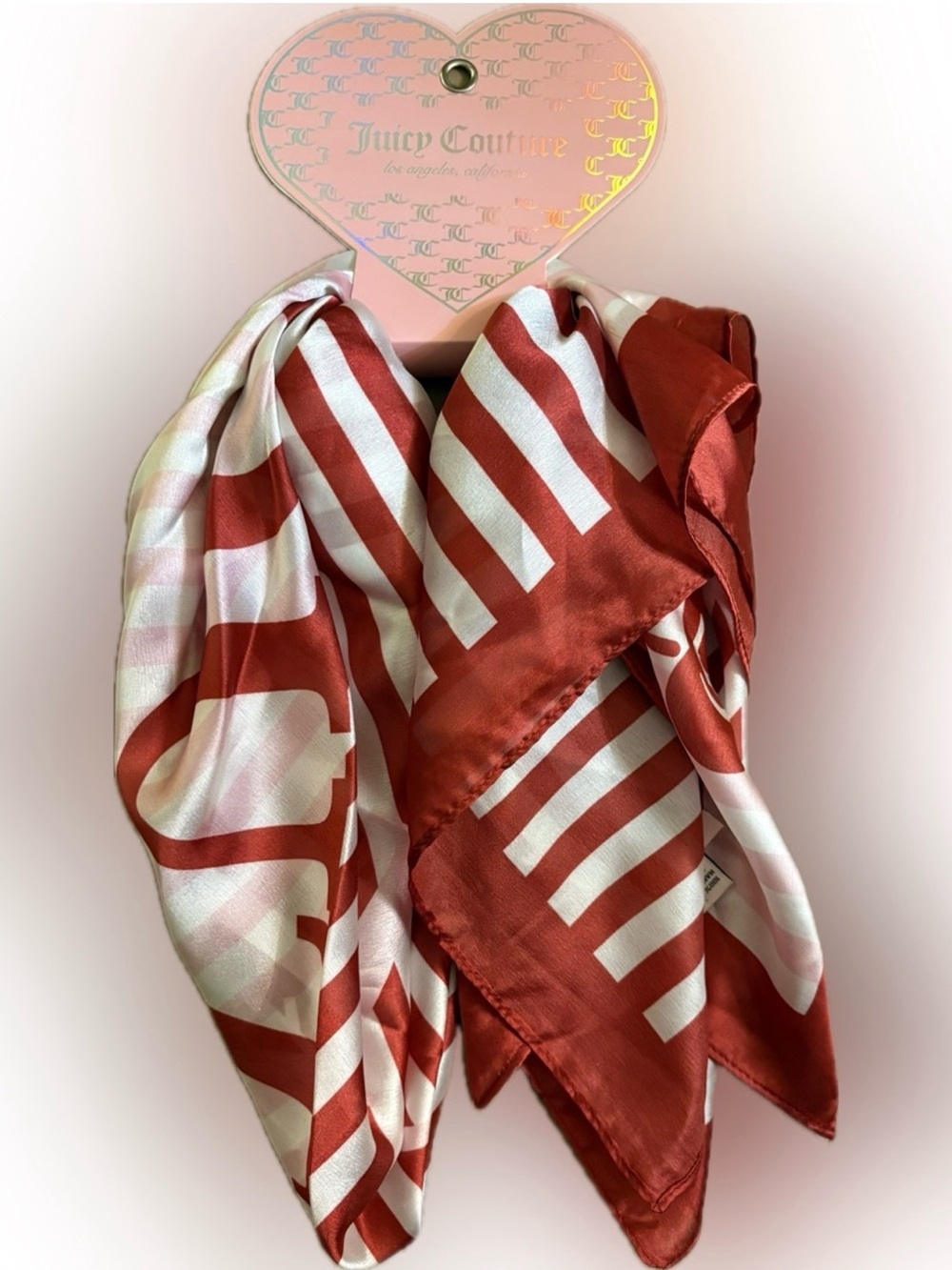 🍒 Juicy Couture Red and White Graphic Cherry and Stripe Silk-like Scarf